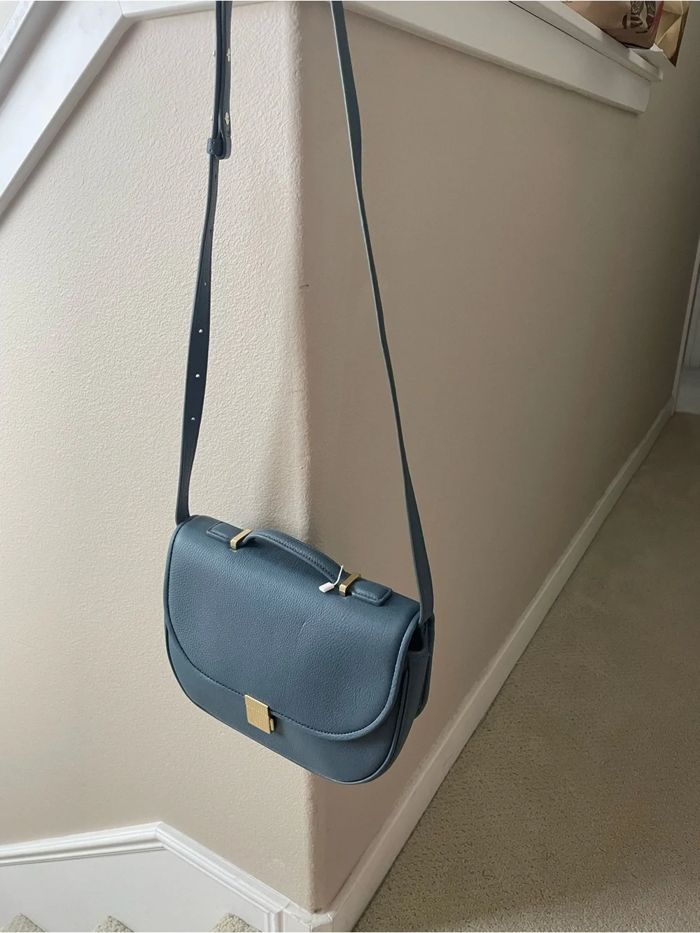 New Blue Leather Crossbody Saddle Bag with Gold Hardware (medium)
